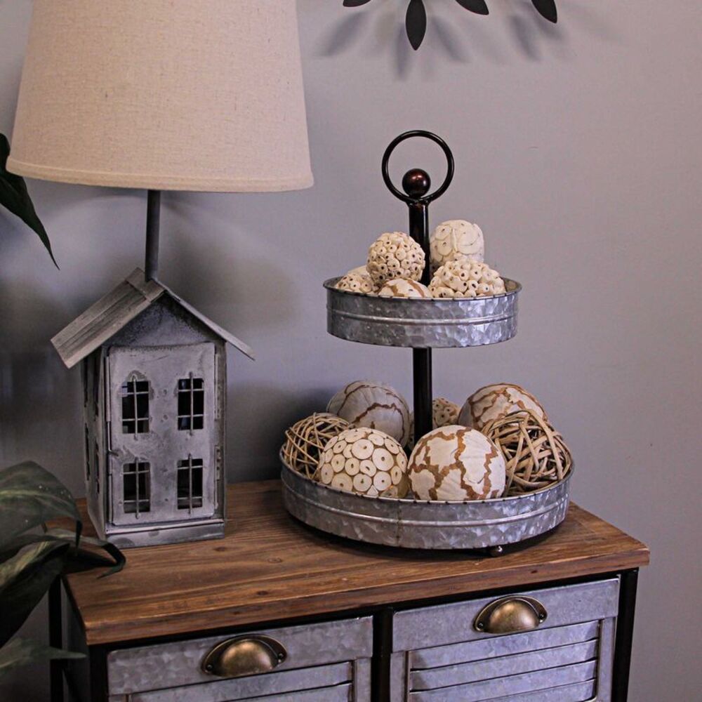 16-Inch High Galvanized Metal Two-Tier Rustic Round Tray Stand